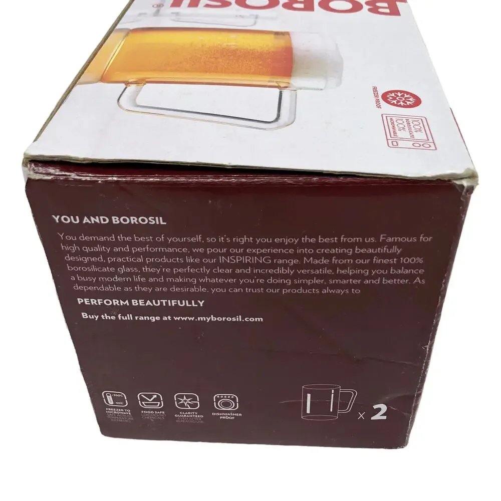 NEW Set of 2 Clear Borosilicate Glass Beer Coffee Mugs 500ml 17oz Borosil Vision